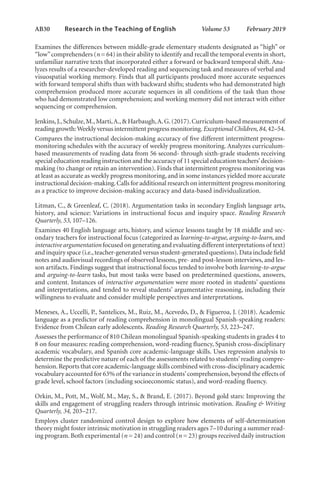 AB30   
Research in the Teaching of English  	 Volume 53    February 2019
Examines the differences between middle-grade elementary students designated as “high” or
“low”comprehenders (n = 64) in their ability to identify and recall the temporal events in short,
unfamiliar narrative texts that incorporated either a forward or backward temporal shift. Ana-
lyzes results of a researcher-developed reading and sequencing task and measures of verbal and
visuospatial working memory. Finds that all participants produced more accurate sequences
with forward temporal shifts than with backward shifts; students who had demonstrated high
comprehension produced more accurate sequences in all conditions of the task than those
who had demonstrated low comprehension; and working memory did not interact with either
sequencing or comprehension.
Jenkins,J.,Schulze,M.,Marti,A.,& Harbaugh,A.G.(2017).Curriculum-based measurement of
reading growth:Weekly versus intermittent progress monitoring.Exceptional Children,84, 42–54.
Compares the instructional decision-making accuracy of five different intermittent progress-
monitoring schedules with the accuracy of weekly progress monitoring. Analyzes curriculum-
based measurements of reading data from 56 second- through sixth-grade students receiving
special education reading instruction and the accuracy of 11 special education teachers’decision-
making (to change or retain an intervention). Finds that intermittent progress monitoring was
at least as accurate as weekly progress monitoring, and in some instances yielded more accurate
instructional decision-making.Calls for additional research on intermittent progress monitoring
as a practice to improve decision-making accuracy and data-based individualization.
Litman, C., & Greenleaf, C. (2018). Argumentation tasks in secondary English language arts,
history, and science: Variations in instructional focus and inquiry space. Reading Research
Quarterly, 53, 107–126.
Examines 40 English language arts, history, and science lessons taught by 18 middle and sec-
ondary teachers for instructional focus (categorized as learning-to-argue, arguing-to-learn, and
interactive argumentation focused on generating and evaluating different interpretations of text)
and inquiry space (i.e.,teacher-generated versus student-generated questions).Data include field
notes and audiovisual recordings of observed lessons, pre- and post-lesson interviews, and les-
son artifacts. Findings suggest that instructional focus tended to involve both learning-to-argue
and arguing-to-learn tasks, but most tasks were based on predetermined questions, answers,
and content. Instances of interactive argumentation were more rooted in students’ questions
and interpretations, and tended to reveal students’ argumentative reasoning, including their
willingness to evaluate and consider multiple perspectives and interpretations.
Meneses, A., Uccelli, P., Santelices, M., Ruiz, M., Acevedo, D., & Figueroa, J. (2018). Academic
language as a predictor of reading comprehension in monolingual Spanish-speaking readers:
Evidence from Chilean early adolescents. Reading Research Quarterly, 53, 223–247.
Assesses the performance of 810 Chilean monolingual Spanish-speaking students in grades 4 to
8 on four measures: reading comprehension, word-reading fluency, Spanish cross-disciplinary
academic vocabulary, and Spanish core academic-language skills. Uses regression analysis to
determine the predictive nature of each of the assessments related to students’reading compre-
hension.Reports that core academic-language skills combined with cross-disciplinary academic
vocabulary accounted for 63% of the variance in students’comprehension,beyond the effects of
grade level, school factors (including socioeconomic status), and word-reading fluency.
Orkin, M., Pott, M., Wolf, M., May, S., & Brand, E. (2017). Beyond gold stars: Improving the
skills and engagement of struggling readers through intrinsic motivation. Reading & Writing
Quarterly, 34, 203–217.
Employs cluster randomized control design to explore how elements of self-determination
theory might foster intrinsic motivation in struggling readers ages 7–10 during a summer read-
ing program.Both experimental (n = 24) and control (n = 23) groups received daily instruction
L-AB1-AB43-Feb19-RTE.indd 30 3/1/19 9:49 AM
 