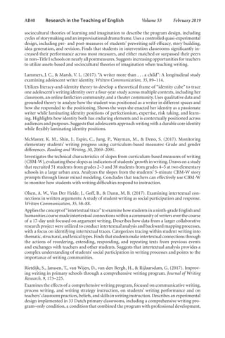 AB40   
Research in the Teaching of English  	 Volume 53    February 2019
sociocultural theories of learning and imagination to describe the program design, including
cycles of storymaking and an improvisational drama frame.Uses a controlled quasi-experimental
design, including pre- and post-measures of students’ prewriting self-efficacy, story building,
idea generation, and revision. Finds that students in intervention classrooms significantly in-
creased their performance across most measures, and either matched or surpassed their peers
in non–Title I schools on nearly all postmeasures.Suggests increasing opportunities for teachers
to utilize assets-based and sociocultural theories of imagination when teaching writing.
Lammers, J. C., & Marsh, V. L. (2017). “A writer more than . . . a child”: A longitudinal study
examining adolescent writer identity. Written Communication, 35, 89–114.
Utilizes literacy-and-identity theory to develop a theoretical frame of “identity cube” to trace
one adolescent’s writing identity over a four-year study across multiple contexts, including her
classroom,an online fanfiction community,and a theater community.Uses qualitative data and
grounded theory to analyze how the student was positioned as a writer in different spaces and
how she responded to the positioning. Shows the ways she enacted her identity as a passionate
writer while laminating identity positions of perfectionism, expertise, risk taking, and learn-
ing. Highlights how identity both has enduring elements and is contextually positioned across
audiences and purposes.Suggests that adolescents approach writing with a durable core identity
while flexibly laminating identity positions.
McMaster, K. M., Shin, J., Espin, C., Jung, P., Wayman, M., & Deno, S. (2017). Monitoring
elementary students’ writing progress using curriculum-based measures: Grade and gender
differences. Reading and Writing, 30, 2069–2091.
Investigates the technical characteristics of slopes from curriculum-based measures of writing
(CBM-W),evaluating these slopes as indicators of students’growth in writing.Draws on a study
that recruited 51 students from grades 2–3 and 38 students from grades 4–5 at two elementary
schools in a large urban area. Analyzes the slopes from the students’ 5-minute CBM-W story
prompts through linear mixed modeling. Concludes that teachers can effectively use CBM-W
to monitor how students with writing difficulties respond to instruction.
Olsen, A. W., Van Der Heide, J., Goff, B., & Dunn, M. B. (2017). Examining intertextual con-
nections in written arguments: A study of student writing as social participation and response.
Written Communication, 35, 58–88.
Applies the concept of“intertextual trace”to examine how students in a ninth-grade English and
humanities course made intertextual connections within a community of writers over the course
of a 17-day unit focused on argument writing. Describes how data from a larger collaborative
research project were utilized to conduct intertextual analysis and backward mapping processes,
with a focus on identifying intertextual traces. Categorizes tracing within student writing into
thematic,structural,and lexical types.Finds that students make intertextual connections through
the actions of reordering, extending, responding, and repeating texts from previous events
and exchanges with teachers and other students. Suggests that intertextual analysis provides a
complex understanding of students’ social participation in writing processes and points to the
importance of writing communities.
Rietdijk, S., Janssen, T., van Wijen, D., van den Bergh, H., & Rijlaarsdam, G. (2017). Improv-
ing writing in primary schools through a comprehensive writing program. Journal of Writing
Research, 9, 173–225.
Examines the effects of a comprehensive writing program, focused on communicative writing,
process writing, and writing strategy instruction, on students’ writing performance and on
teachers’classroom practices,beliefs,and skills in writing instruction.Describes an experimental
design implemented in 33 Dutch primary classrooms, including a comprehensive writing pro-
gram–only condition, a condition that combined the program with professional development,
L-AB1-AB43-Feb19-RTE.indd 40 3/1/19 9:49 AM
 