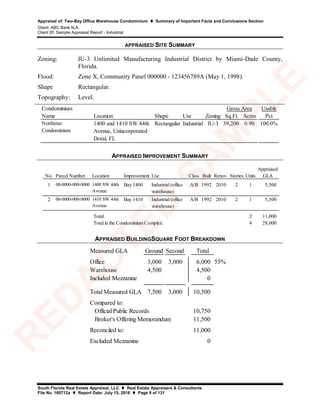 Appraisal of: Two-Bay Office Warehouse Condominium  Summary of Important Facts and Conclusions Section
Client: ABC Bank N.A.
Client ID: Sample Appraisal Report - Industrial
South Florida Real Estate Appraisal, LLC  Real Estate Appraisers & Consultants
File No. 160712a  Report Date: July 15, 2016  Page 9 of 131
APPRAISED SITE SUMMARY
Zoning: IU-3 Unlimited Manufacturing Industrial District by Miami-Dade County,
Florida.
Flood: Zone X, Community Panel 000000 - 123456789A (May 1, 1998).
Shape Rectangular.
Topography: Level.
Condominium
Name Location Shape Use Zoning Sq.Ft. Acres Pct
Northstar
Condominium
1400 and 1410 SW 44th
Avenue, Unincorporated
Doral, FL
Rectangular Industrial IU-3 39,200 0.90 100.0%
Gross Area Usable
APPRAISED IMPROVEMENT SUMMARY
Appraised
No. Parcel Number Location Improvement Use Class Built Renov. Stories Units GLA
1 00-0000-000-0000 1400 SW 44th
Avenue
Bay 1400 Industrial (office
warehouse)
A/B 1992 2010 2 1 5,500
2 00-0000-000-0000 1410 SW 44th
Avenue
Bay 1410 Industrial (office
warehouse)
A/B 1992 2010 2 1 5,500
2 2 11,000
4 28,000
Total:
Total in the Condominium Complex:
APPRAISED BUILDINGSQUARE FOOT BREAKDOWN
Measured GLA Ground Second Total
Office 3,000 3,000 6,000 55%
Warehouse 4,500 4,500
Included Mezzanine 0
Total Measured GLA 7,500 3,000 10,500
Compared to:
10,750
11,500
Reconciled to: 11,000
Excluded Mezzanine 0
Official Public Records
Broker's Offering Memorandum
R
ED
A
C
TED
SA
M
PLE
 