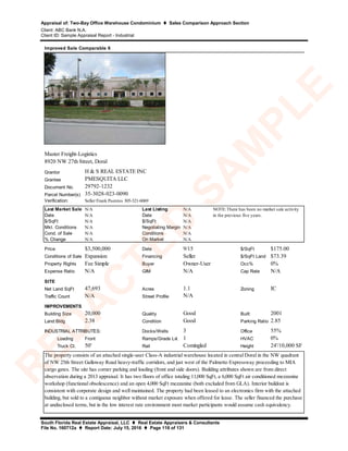 Appraisal of: Two-Bay Office Warehouse Condominium  Sales Comparison Approach Section
Client: ABC Bank N.A.
Client ID: Sample Appraisal Report - Industrial
South Florida Real Estate Appraisal, LLC  Real Estate Appraisers & Consultants
File No. 160712a  Report Date: July 15, 2016  Page 118 of 131
Grantor
Grantee
Document No.
Parcel Number(s)
Verification:
Last Market Sale N/A Last Listing N/A
Date N/A Date N/A
$/SqFt N/A $/SqFt N/A
Mkt. Conditions N/A Negotiating Margin N/A
Cond. of Sale N/A Conditions N/A
% Change N/A On Market N/A
Price $3,500,000 Date 9/15 $/SqFt $175.00
Conditions of Sale Expansion Financing Seller $/SqFt Land $73.39
Property Rights Fee Simple Buyer Owner-User Occ% 0%
Expense Ratio N/A GIM N/A Cap Rate N/A
SITE
Net Land SqFt 47,693 Acres 1.1 Zoning IC
Traffic Count N/A Street Profile
IMPROVEMENTS
Building Size 20,000 Quality Good Built 2001
Land:Bldg 2.38 Condition Good Parking Ratio 2.85
Docks/Wells 3 Office 55%
Loading Front Ramps/Grade Lvl. 1 HVAC 0%
Truck Ct. 50' Rail Comingled Height 24'/10,000 SF
N/A
Improved Sale Comparable 6
H & S REAL ESTATE INC
The property consists of an attached single-user Class-A industrial warehouse located in central Doral in the NW quadrant
of NW 25th Street Galloway Road heavy-traffic corridors, and just west of the Palmetto Expressway proceeding to MIA
cargo gates. The site has corner parking and loading (front and side doors). Building attributes shown are from direct
observation during a 2013 appraisal. It has two floors of office totaling 11,000 SqFt, a 6,000 SqFt air conditioned mezzanine
workshop (functional obsolescence) and an open 4,000 SqFt mezzanine (both excluded from GLA). Interior buildout is
consistent with corporate design and well maintained. The property had been leased to an electronics firm with the attached
building, but sold to a contiguous neighbor without market exposure when offered for lease. The seller financed the purchase
at undisclosed terms, but in the low interest rate environment most market participants would assume cash equivalency.
INDUSTRIAL ATTRIBUTES:
Master Freight-Logistics
8920 NW 27th Street, Doral
PMESQUITA LLC
29792-1232
35-3028-023-0090
Seller Frank Puentes 305-321-6069
NOTE: There has been no market sale activity
in the previous five years.
R
ED
A
C
TED
SA
M
PLE
 