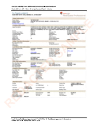 Appraisal: Two-Bay Office Warehouse Condominium  Addenda Section
Client: ABC Bank N.A.  Client ID: Sample Appraisal Report - Industrial
South Florida Real Estate Appraisal, LLC File #160712a  Real Estate Appraisers & Consultants
File No. 160712a  Report Date: July 15, 2016
R
ED
A
C
TED
SA
M
PLE
 