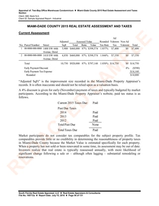 Appraisal of: Two-Bay Office Warehouse Condominium  Miami-Dade County 2015 Real Estate Assessment and Taxes
Section
Client: ABC Bank N.A.
Client ID: Sample Appraisal Report - Industrial
South Florida Real Estate Appraisal, LLC  Real Estate Appraisers & Consultants
File No. 160712a  Report Date: July 15, 2016  Page 56 of 131
MIAMI-DADE COUNTY 2015 REAL ESTATE ASSESSMENT AND TAXES
Current Assessment
Adjusted Rounded
Ad
Valorem Non Ad
No. Parcel Number Street Sqft Total Ratio Value Tax Rate Tax Valorem Total
1 00-0000-000-0000 1400 SW 44th
Avenue, Doral
5,900 $460,000 87% $398,574 1.857% $7,400 $0 $7,400
2 00-0000-000-0000 1410 SW 44th
Avenue, Doral
4,850 $460,000 87% $398,574 1.844% $7,350 $0 $7,350
Total 10,750 $920,000 87% $797,148 1.850% $14,750 $0 $14,750
4% ($590)
$14,160
$14,000
Early Payment Discount
Early Payment Tax Expense
Rounded
Assessed Value
“Adjusted SqFt” is the improvement size recorded in the Miami-Dade Property Appraiser’s
records. It is often inaccurate and should not be relied upon as a valuation basis.
A 4% discount is given for early (November) payment of taxes and typically budgeted by market
participants. According to the Miami-Dade Property Appraiser’s website, paid tax status is as
follows.
Current 2015 Taxes Due: Paid
Past Due Taxes
2014 Paid
2013 Paid
2012 Paid
Total Past Due None
Total Taxes Due Paid
Market participants do not consider tax comparables for the subject property profile. Tax
comparables provide little or no credibility in determining the reasonableness of property taxes
in Miami-Dade County because the Market Value is estimated specifically for each property.
When a property has not sold or been renovated in some time, its assessment may be out of date.
Investors realize that real estate is typically reassessed annually, with more likelihood of
significant change following a sale or – although often lagging – substantial remodeling or
renovations.
R
ED
A
C
TED
SA
M
PLE
 