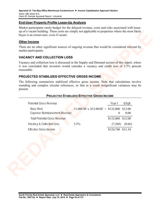 Appraisal of: Two-Bay Office Warehouse Condominium  Income Capitalization Approach Section
Client: ABC Bank N.A.
Client ID: Sample Appraisal Report - Industrial
South Florida Real Estate Appraisal, LLC  Real Estate Appraisers & Consultants
File No. 160712a  Report Date: July 15, 2016  Page 93 of 131
End-User Property Profile Lease-Up Analysis
Market participants rarely budget for the delayed revenue, costs and risks associated with lease-
up of a vacant building. These costs are simply not applicable to properties where the most likely
buyer is an owner-user, even if vacant.
Other Income
There are no other significant sources of ongoing revenue that would be considered relevant by
market participants.
VACANCY AND COLLECTION LOSS
Vacancy and collection loss is discussed in the Supply and Demand section of this report, where
it was concluded that investors would consider a vacancy and credit loss of 5.5% percent
reasonable.
PROJECTED STABILIZED EFFECTIVE GROSS INCOME
The following summarizes stabilized effective gross income. Note that calculations involve
rounding and complex circular references, so that as a result insignificant variances may be
present.
PROJECTED STABILIZED EFFECTIVE GROSS INCOME
Potential Gross Revenue Year-1 $/Sqft
Base Rent 11,000 SF x $12.00/SF = $132,000 $12.00
Expense Reimbursement Revenue 0 0.00
$132,000 $12.00
Vacancy & Collection Loss 5.5% (7,260) (0.66)
Effective Gross Income $124,740 $11.34
Total Potential Gross Revenue
R
ED
A
C
TED
SA
M
PLE
 