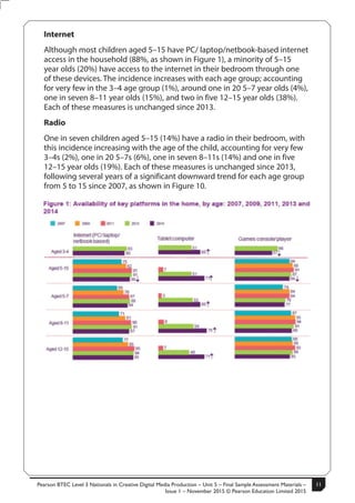 Pearson BTEC Level 3 Nationals in Creative Digital Media Production – Unit 5 – Final Sample Assessment Materials –
Issue 1 – November 2015 © Pearson Education Limited 2015
11S50147A
11
Turn over
Internet
Although most children aged 5–15 have PC/ laptop/netbook-based internet
access in the household (88%, as shown in Figure 1), a minority of 5–15
year olds (20%) have access to the internet in their bedroom through one
of these devices. The incidence increases with each age group; accounting
for very few in the 3–4 age group (1%), around one in 20 5–7 year olds (4%),
one in seven 8–11 year olds (15%), and two in five 12–15 year olds (38%).
Each of these measures is unchanged since 2013.
Radio
One in seven children aged 5–15 (14%) have a radio in their bedroom, with
this incidence increasing with the age of the child, accounting for very few
3–4s (2%), one in 20 5–7s (6%), one in seven 8–11s (14%) and one in five
12–15 year olds (19%). Each of these measures is unchanged since 2013,
following several years of a significant downward trend for each age group
from 5 to 15 since 2007, as shown in Figure 10.
 