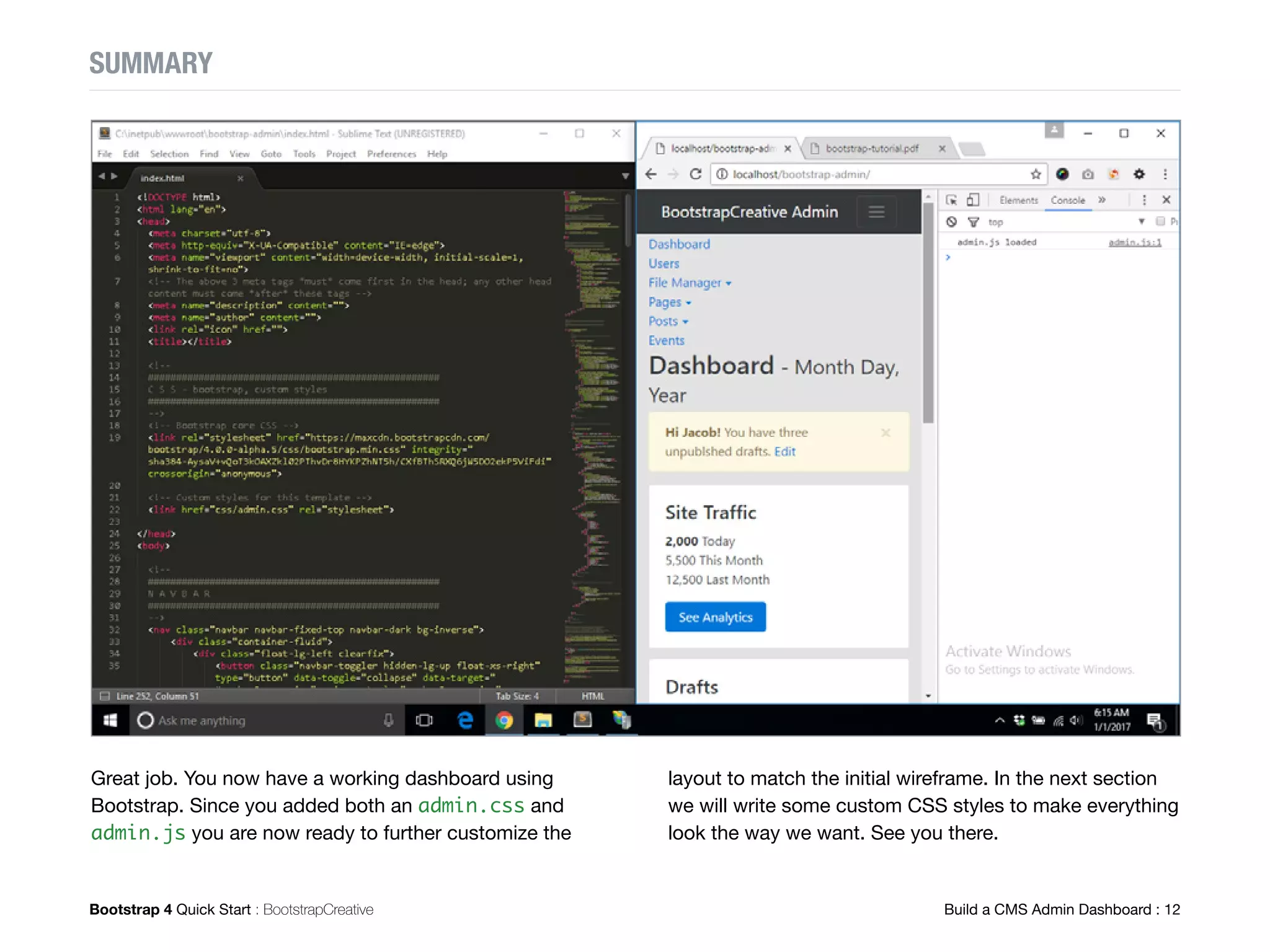 Bootstrap 4 Quick Start : BootstrapCreative  Build a Homepage : 35
BOOTSTRAP COMPONENTS USED
A. Navbar
B. Carousel
C. Cards
D. Blockquote
E. Buttons
F. Forms
G. Nav
Badge Pill
A
B
D
C
C
E
FG
Now that we have a wireframe,
the next step is to select existing
Bootstrap components that we can
use in our project.
Browse Bootstrap's documentation or if you
purchased the Pro package, the Components
Visual Reference is a handy tool to quickly
review components.
Make notes of components that need further
customization and those that need to be written
from scratch. This step helps to eliminate code
duplication and saves time in re-using existing
components in your project.
 