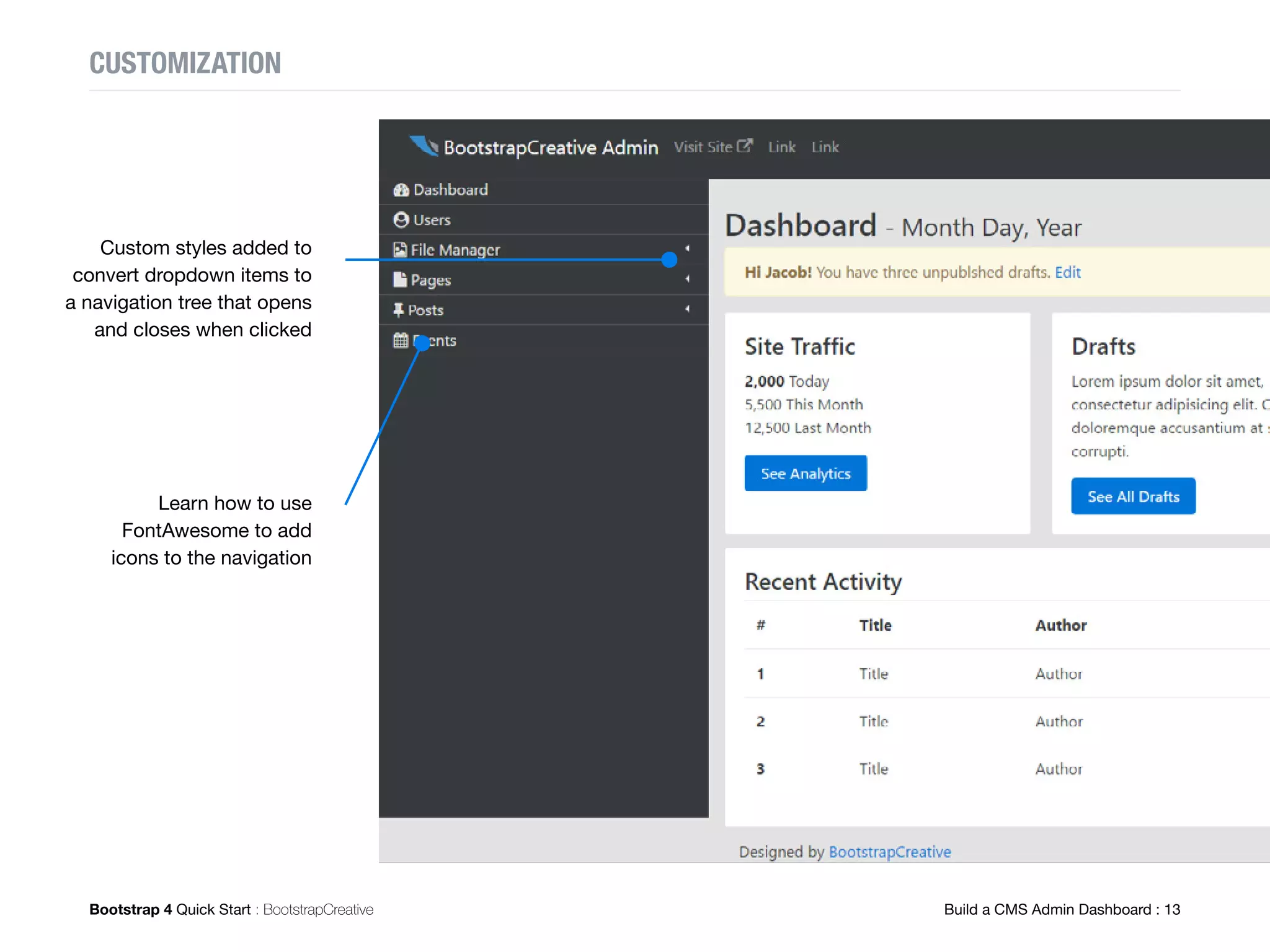 Bootstrap 4 Quick Start : BootstrapCreative  Build a Homepage : 36
Step 1
Download the starter project .zip which contains the
folder structure, images, and blank files. Save and unzip
the folder where you would like to keep your website
projects. I personally use XAMPP to run a local server
and generally save all of my web projects in my htdocs
folder that way I can test my projects at localhost/project-
name. If you have never setup a local server before,
you can follow my tutorial to learn the steps.
 homepage-prototype
	  css
		 homepage.css
	  img
	  index.html
	  js
		 homepage.js
		 defer.js
		 vendor
			 jquery-3.1.1.min.js
Get .zip bootstrapcreative.com/b4hp01
Windows - If this is your first time using Sublime Text
you will also need to right click the files with extensions
.html, .css, .js and hover over OPEN WITH and click CHOOSE
ANOTHER APP to then choose Sublime Text. This will make
sure these files open in your text editor.
Step 2
Open index.html in your text editor. Now copy and
paste the page boilerplate code into index.html and
save. This is a basic HTML page template without any
reference to Bootstrap or outside scripts.
Copy Code bootstrapcreative.com/b4hp02
BUILD PROTOTYPE

 