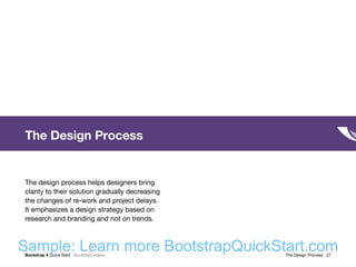 Bootstrap 4 Quick Start : BootstrapCreative  The Design Process : 27
The Design Process
The design process helps designers bring
clarity to their solution gradually decreasing
the changes of re-work and project delays.
It emphasizes a design strategy based on
research and branding and not on trends.
Sample: Learn more BootstrapQuickStart.com
 