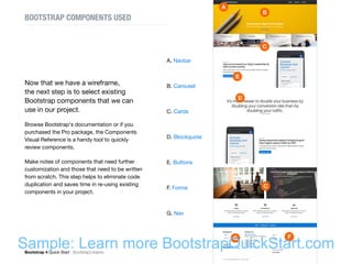Bootstrap 4 Quick Start : BootstrapCreative  Build a Homepage : 35
BOOTSTRAP COMPONENTS USED
A. Navbar
B. Carousel
C. Cards
D. Blockquote
E. Buttons
F. Forms
G. Nav
Badge Pill
A
B
D
C
C
E
FG
Now that we have a wireframe,
the next step is to select existing
Bootstrap components that we can
use in our project.
Browse Bootstrap's documentation or if you
purchased the Pro package, the Components
Visual Reference is a handy tool to quickly
review components.
Make notes of components that need further
customization and those that need to be written
from scratch. This step helps to eliminate code
duplication and saves time in re-using existing
components in your project.
Sample: Learn more BootstrapQuickStart.com
 