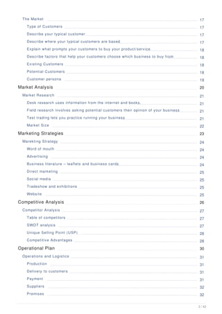 The Market 17
Type of Customers 17
Describe your typical customer 17
Describe where your typical customers are based 17
Explain what prompts your customers to buy your product/service 18
Describe factors that help your customers choose which business to buy from 18
Existing Customers 18
Potential Customers 18
Customer persona 19
Market Analysis 20
Market Research 21
Desk research uses information from the internet and books. 21
Field research involves asking potential customers their opinion of your business 21
Test trading lets you practice running your business 21
Market Size 22
Marketing Strategies 23
Marekting Strategy 24
Word of mouth 24
Advertising 24
Business literature – leaflets and business cards 24
Direct marketing 25
Social media 25
Tradeshow and exhibitions 25
Website 25
Competitive Analysis 26
Competitor Analysis 27
Table of competitors 27
SWOT analysis 27
Unique Selling Point (USP) 28
Competitive Advantages 28
Operational Plan 30
Operations and Logistics 31
Production 31
Delivery to customers 31
Payment 31
Suppliers 32
Premises 32
2 / 42
 
