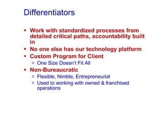 Differentiators Work with standardized processes from detailed critical paths, accountability built in No one else has our technology platform Custom Program for Client One Size Doesn’t Fit All Non-Bureaucratic Flexible, Nimble, Entrepreneurial Used to working with owned & franchised operations 