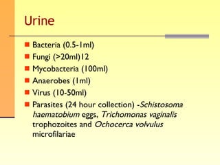 Urine Bacteria (0.5-1ml) Fungi (>20ml)12 Mycobacteria (100ml) Anaerobes (1ml) Virus (10-50ml) Parasites (24 hour collection) - Schistosoma haematobium  eggs,  Trichomonas vaginalis  trophozoites and  Ochocerca volvulus  microfilariae 