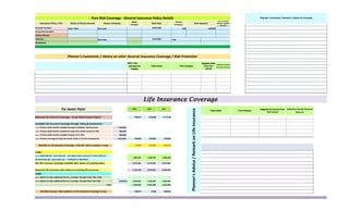 0 1200 0
0 0 0
0 0 0
0
0
Policy TypePolicy TypePolicy TypePolicy Type
7480191 9248496 11713140
1,468,500
500,000
500,000
4,816,464 7284964 7284964 7284964
195228 1963532 4428176
5,316,464 5,316,464 5,316,464 5,316,464
Required Life Insurance after advice on existing life insurance 2,163,728 3,932,032 6,396,676
- - - -
4000000 4,000,000 4,000,000 4,000,000
4,000,000 4,000,000 4,000,000
1836272 67968 -2396676
New India 26/03/2006 1000000Personal Accident Samir Patel
No. of Family
Person / Assets
Insured
Insurance Policy ( For) Name of Person Insured Insurer Company Start Date
Annual
Premium
Pure Risk Coverage - General Insurance Policy Details
00/01/1900
Vehicles 0 New India 24/03/2004
Sum Assured
Rider
(if any)
0
Group Pers.Accident 0 0 00/01/1900 0
Critical Illness 0 0 00/01/1900
1700 0
0 0Household 0 0
Available Life Insurance Coverage through -Policy & Investments :
===> Present death benefit available through Traditional Life Insurance
Planner's Comments / Advice on other General Insurance Coverage / Risk Protection
Policy NamePolicy NamePolicy NamePolicy Name From CompanyFrom CompanyFrom CompanyFrom Company
Suggested HealthSuggested HealthSuggested HealthSuggested Health
Cover /SumCover /SumCover /SumCover /Sum
AssuredAssuredAssuredAssured
Indicative Annual
Premium Amount
Individual ORIndividual ORIndividual ORIndividual OR
FloatingFloatingFloatingFloating
12% 9%For Samir Patel
Required Life Insurance Coverage - As per Need Analysis Report
===> Present death benefit available through Unit Linked Insurance Plan
===> Present death benefit available through Term Plan
===> Present coverage through Surrender Value of Current Investments
Less :
===> Death Benefit / Sum Assured - will reduce due to advice for Policy Paid up /
surrendering bad / junk policy etc. - Traditional & Ulip Plans.
Net life insurance coverage available after advice on existing policy
1,968,500
Less:
===> Advice for take additional life ins. coverage through Tradi. Plan +Ulip
===> Advice for take additional life ins. coverage through Pure Term Plan
Shortfall in Life Insurance Coverage - with diff. return scenario ( if any)
1,968,500 1,968,500 1,968,500
Shortfall /Excess -After addition of Life Insurance Coverage (if any)
Total :
Planner's Comment / Remark / Action to Proceeds
Policy NamePolicy NamePolicy NamePolicy Name From CompanyFrom CompanyFrom CompanyFrom Company
Life Insurance Coverage
15% Indicative Annual Premium
Amount
Planner'sAdvice/RemarkonLifeInsurance
Suggested Life Insurance CoverSuggested Life Insurance CoverSuggested Life Insurance CoverSuggested Life Insurance Cover
/Sum Assured/Sum Assured/Sum Assured/Sum Assured
 