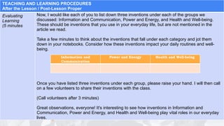 TEACHING AND LEARNING PROCEDURES
After the Lesson / Post-Lesson Proper
Evaluating
Learning
(5 minutes
Now, I would like each of you to list down three inventions under each of the groups we
discussed: Information and Communication, Power and Energy, and Health and Well-being.
These should be inventions that you use in your everyday life, but are not mentioned in the
article we read.
Take a few minutes to think about the inventions that fall under each category and jot them
down in your notebooks. Consider how these inventions impact your daily routines and well-
being.
Once you have listed three inventions under each group, please raise your hand. I will then call
on a few volunteers to share their inventions with the class.
(Call volunteers after 3 minutes)
Great observations, everyone! It's interesting to see how inventions in Information and
Communication, Power and Energy, and Health and Well-being play vital roles in our everyday
lives.
Information and
Communication
Power and Energy Health and Well-being
 