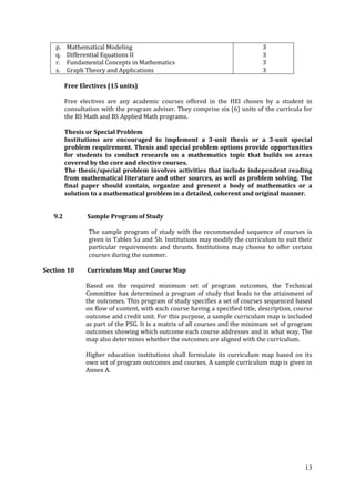 13
p. Mathematical Modeling
q. Differential Equations II
r. Fundamental Concepts in Mathematics
s. Graph Theory and Applications
3
3
3
3
Free Electives (15 units)
Free electives are any academic courses offered in the HEI chosen by a student in
consultation with the program adviser. They comprise six (6) units of the curricula for
the BS Math and BS Applied Math programs.
Thesis or Special Problem
Institutions are encouraged to implement a 3-unit thesis or a 3-unit special
problem requirement. Thesis and special problem options provide opportunities
for students to conduct research on a mathematics topic that builds on areas
covered by the core and elective courses.
The thesis/special problem involves activities that include independent reading
from mathematical literature and other sources, as well as problem solving. The
final paper should contain, organize and present a body of mathematics or a
solution to a mathematical problem in a detailed, coherent and original manner.
9.2 Sample Program of Study
The sample program of study with the recommended sequence of courses is
given in Tables 5a and 5b. Institutions may modify the curriculum to suit their
particular requirements and thrusts. Institutions may choose to offer certain
courses during the summer.
Section 10 Curriculum Map and Course Map
Based on the required minimum set of program outcomes, the Technical
Committee has determined a program of study that leads to the attainment of
the outcomes. This program of study specifies a set of courses sequenced based
on flow of content, with each course having a specified title, description, course
outcome and credit unit. For this purpose, a sample curriculum map is included
as part of the PSG. It is a matrix of all courses and the minimum set of program
outcomes showing which outcome each course addresses and in what way. The
map also determines whether the outcomes are aligned with the curriculum.
Higher education institutions shall formulate its curriculum map based on its
own set of program outcomes and courses. A sample curriculum map is given in
Annex A.
 
