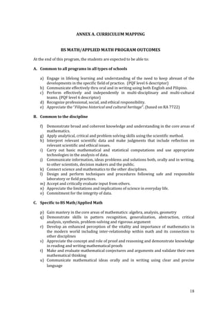 18
ANNEX A. CURRICULUM MAPPING
BS MATH/APPLIED MATH PROGRAM OUTCOMES
At the end of this program, the students are expected to be able to:
A. Common to all programs in all types of schools
a) Engage in lifelong learning and understanding of the need to keep abreast of the
developments in the specific field of practice. (PQF level 6 descriptor)
b) Communicate effectively thru oral and in writing using both English and Pilipino.
c) Perform effectively and independently in multi-disciplinary and multi-cultural
teams. (PQF level 6 descriptor)
d) Recognize professional, social, and ethical responsibility.
e) Appreciate the “Filipino historical and cultural heritage”. (based on RA 7722)
B. Common to the discipline
f) Demonstrate broad and coherent knowledge and understanding in the core areas of
mathematics.
g) Apply analytical, critical and problem solving skills using the scientific method.
h) Interpret relevant scientific data and make judgments that include reflection on
relevant scientific and ethical issues.
i) Carry out basic mathematical and statistical computations and use appropriate
technologies in the analysis of data.
j) Communicate information, ideas problems and solutions both, orally and in writing,
to other scientists, decision makers and the public.
k) Connect science and mathematics to the other disciplines.
l) Design and perform techniques and procedures following safe and responsible
laboratory or field practices.
m) Accept and critically evaluate input from others.
n) Appreciate the limitations and implications of science in everyday life.
o) Commitment for the integrity of data.
C. Specific to BS Math/Applied Math
p) Gain mastery in the core areas of mathematics: algebra, analysis, geometry
q) Demonstrate skills in pattern recognition, generalization, abstraction, critical
analysis, synthesis, problem-solving and rigorous argument
r) Develop an enhanced perception of the vitality and importance of mathematics in
the modern world including inter-relationship within math and its connection to
other disciplines
s) Appreciate the concept and role of proof and reasoning and demonstrate knowledge
in reading and writing mathematical proofs
t) Make and evaluate mathematical conjectures and arguments and validate their own
mathematical thinking
u) Communicate mathematical ideas orally and in writing using clear and precise
language
 