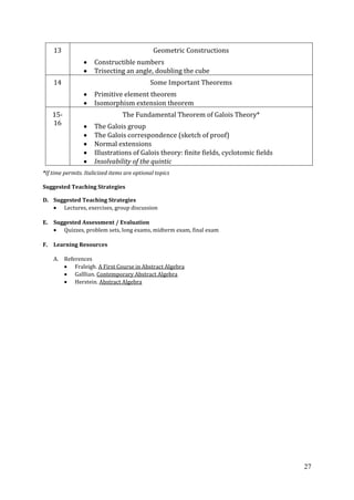 27
13 Geometric Constructions
Constructible numbers
Trisecting an angle, doubling the cube
14 Some Important Theorems
Primitive element theorem
Isomorphism extension theorem
15-
16
The Fundamental Theorem of Galois Theory*
The Galois group
The Galois correspondence (sketch of proof)
Normal extensions
Illustrations of Galois theory: finite fields, cyclotomic fields
Insolvability of the quintic
*If time permits. Italicized items are optional topics
Suggested Teaching Strategies
D. Suggested Teaching Strategies
Lectures, exercises, group discussion
E. Suggested Assessment / Evaluation
Quizzes, problem sets, long exams, midterm exam, final exam
F. Learning Resources
A. References
Fraleigh. A First Course in Abstract Algebra
Galllian. Contemporary Abstract Algebra
Herstein. Abstract Algebra
 