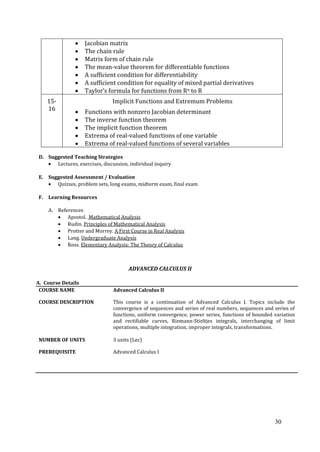 30
Jacobian matrix
The chain rule
Matrix form of chain rule
The mean-value theorem for differentiable functions
A sufficient condition for differentiability
A sufficient condition for equality of mixed partial derivatives
Taylor’s formula for functions from Rn to R
15-
16
Implicit Functions and Extremum Problems
Functions with nonzero Jacobian determinant
The inverse function theorem
The implicit function theorem
Extrema of real-valued functions of one variable
Extrema of real-valued functions of several variables
D. Suggested Teaching Strategies
Lectures, exercises, discussion, individual inquiry
E. Suggested Assessment / Evaluation
Quizzes, problem sets, long exams, midterm exam, final exam
F. Learning Resources
A. References
Apostol. Mathematical Analysis
Rudin. Principles of Mathematical Analysis
Protter and Morrey. A First Course in Real Analysis
Lang. Undergraduate Analysis
Ross. Elementary Analysis: The Theory of Calculus
ADVANCED CALCULUS II
A. Course Details
COURSE NAME Advanced Calculus II
COURSE DESCRIPTION This course is a continuation of Advanced Calculus I. Topics include the
convergence of sequences and series of real numbers, sequences and series of
functions, uniform convergence, power series, functions of bounded variation
and rectifiable curves, Riemann-Stieltjes integrals, interchanging of limit
operations, multiple integration, improper integrals, transformations.
NUMBER OF UNITS 3 units (Lec)
PREREQUISITE Advanced Calculus I
 