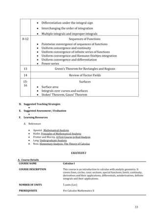 33
Differentiation under the integral sign
Interchanging the order of integration
Multiple integrals and improper integrals
8-12 Sequences of Functions
Pointwise convergence of sequences of functions
Uniform convergence and continuity
Uniform convergence of infinite series of functions
Uniform convergence and Riemann-Stieltjes integration
Uniform convergence and differentiation
Power series
13 Green’s Theorem for Rectangles and Regions
14 Review of Vector Fields
15-
16
Surfaces
Surface area
Integrals over curves and surfaces
Stokes’ Theorem, Gauss’ Theorem
D. Suggested Teaching Strategies
E. Suggested Assessment / Evaluation
F. Learning Resources
A. References
Apostol. Mathematical Analysis
Rudin. Principles of Mathematical Analysis
Protter and Morrey. A First Course in Real Analysis
Lang. Undergraduate Analysis
Ross. Elementary Analysis: The Theory of Calculus
CALCULUS I
A. Course Details
COURSE NAME Calculus I
COURSE DESCRIPTION This course is an introduction to calculus with analytic geometry. It
covers lines, circles, conic sections, special functions, limits, continuity,
derivatives and their applications, differentials, antiderivatives, definite
integrals and their applications.
NUMBER OF UNITS 5 units (Lec)
PREREQUISITE Pre Calculus Mathematics II
 