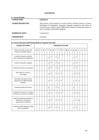 36
CALCULUS II
A. Course Details
COURSE NAME Calculus II
COURSE DESCRIPTION This course is the second of a series of three calculus courses. It covers
techniques of integration, improper integrals, sequences and series of
constant terms, power series, differential calculus of functions of two or
more variables, and double integrals.
NUMBER OF UNITS 5 units (Lec)
PREREQUISITE Calculus I
B. Course Outcome and Relationship to Program Outcome
COURSE OUTCOMES PROGRAM OUTCOME
At the end of this course, the
students should be able to:
a b c d e f g h i j k l m n o p q r s t u
evaluate integrals using the
basic techniques of integration      
evaluate improper integrals      
evaluate the limit of a sequence      
determine if a series is
convergent        
formulate the power series
expansion of a differentiable
function
       
evaluate partial derivatives    
compute the maxima or minima
of functions of several variables        
apply the Lagrange multipliers
method on constrained
optimization problems
       
evaluate double integrals using
polar coordinates      
 