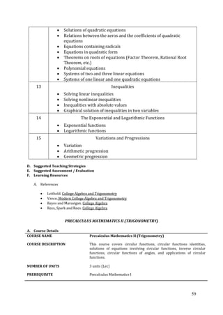 59
Solutions of quadratic equations
Relations between the zeros and the coefficients of quadratic
equations
Equations containing radicals
Equations in quadratic form
Theorems on roots of equations (Factor Theorem, Rational Root
Theorem, etc.)
Polynomial equations
Systems of two and three linear equations
Systems of one linear and one quadratic equations
13 Inequalities
Solving linear inequalities
Solving nonlinear inequalities
Inequalities with absolute values
Graphical solution of inequalities in two variables
14 The Exponential and Logarithmic Functions
Exponential functions
Logarithmic functions
15 Variations and Progressions
Variation
Arithmetic progression
Geometric progression
D. Suggested Teaching Strategies
E. Suggested Assessment / Evaluation
F. Learning Resources
A. References
Leithold. College Algebra and Trigonometry
Vance. Modern College Algebra and Trigonometry
Reyes and Marasigan. College Algebra
Rees, Spark and Rees. College Algebra
PRECALCULUS MATHEMATICS II (TRIGONOMETRY)
A. Course Details
COURSE NAME Precalculus Mathematics II (Trigonometry)
COURSE DESCRIPTION This course covers circular functions, circular functions identities,
solutions of equations involving circular functions, inverse circular
functions, circular functions of angles, and applications of circular
functions.
NUMBER OF UNITS 3 units (Lec)
PREREQUISITE Precalculus Mathematics I
 