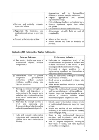 6
observations and in distinguishing
differences between samples and events.
Employ appropriate and correct
experimental design.
Follow industry standards and national laws.
m)Accepts and critically evaluates
input from others.
Discern significant inputs from other
disciplines.
Critically evaluate data and information.
n) Appreciate the limitations and
implications of science in everyday
life.
Acknowledge scientific facts as part of
everyday life.
o) Commit to the integrity of data. Adhere to data integrity.
Report results and data as honestly as
possible.
Graduates of BS Mathematics/ Applied Mathematics
Program Outcomes Performance Indicators
p) Gain mastery in the core areas of
mathematics: algebra, analysis,
and geometry.
Undertake an independent study of an
unfamiliar topic and present an accurate and
in-depth discussion of the results of the
investigation both orally and in writing.
Represent a given problem by a
mathematical model and use this to obtain a
solution to the given problem.
q) Demonstrate skills in pattern
recognition, generalization,
abstraction, critical analysis,
synthesis, problem-solving and
rigorous argument.
Apply the appropriate techniques in solving
mathematical problems.
Break down a complicated problem into
simpler parts
Adapt known methods and tools in solving
new problems.
r) Develop and enhance perception of
the vitality and importance of
mathematics in the modern world
including inter-relationship within
math and its connection to other
disciplines.
Discuss the mathematical concepts behind
well-known solutions to real-life problems.
Discuss important breakthroughs in the
solution of real-world problems where
mathematics played a significant role.
s) Appreciate the concept and role of
proof and reasoning and
demonstrate knowledge in reading
and writing mathematical proofs.
Submit a paper or thesis that contains proofs
of mathematical statements based on rules
of logic.
Assess the validity of the mathematical
reasoning in the works of others and identify
errors and gaps, if any.
t) Make and evaluate mathematical
conjectures and arguments and
validate their own mathematical
thinking.
Given a true mathematical statement,
questions and investigates truth of the
converse or inverse statements.
Able to propose conjectures, investigate
their truth or falsity, and write rigorous
proofs of the investigation.
 