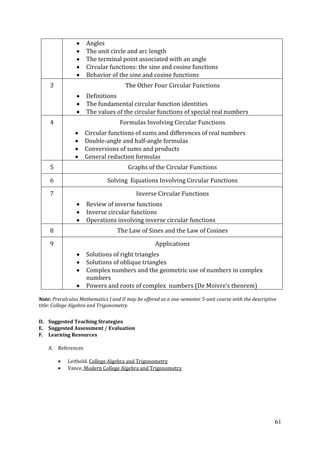 61
Angles
The unit circle and arc length
The terminal point associated with an angle
Circular functions: the sine and cosine functions
Behavior of the sine and cosine functions
3 The Other Four Circular Functions
Definitions
The fundamental circular function identities
The values of the circular functions of special real numbers
4 Formulas Involving Circular Functions
Circular functions of sums and differences of real numbers
Double-angle and half-angle formulas
Conversions of sums and products
General reduction formulas
5 Graphs of the Circular Functions
6 Solving Equations Involving Circular Functions
7 Inverse Circular Functions
Review of inverse functions
Inverse circular functions
Operations involving inverse circular functions
8 The Law of Sines and the Law of Cosines
9 Applications
Solutions of right triangles
Solutions of oblique triangles
Complex numbers and the geometric use of numbers in complex
numbers
Powers and roots of complex numbers (De Moivre’s theorem)
Note: Precalculus Mathematics I and II may be offered as a one-semester 5-unit course with the descriptive
title: College Algebra and Trigonometry.
D. Suggested Teaching Strategies
E. Suggested Assessment / Evaluation
F. Learning Resources
A. References
Leithold. College Algebra and Trigonometry
Vance. Modern College Algebra and Trigonometry
 