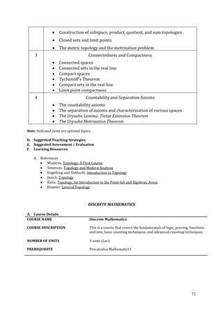 71
Construction of subspace, product, quotient, and sum topologies
Closed sets and limit points
The metric topology and the metrization problem
3 Connectedness and Compactness
Connected spaces
Connected sets in the real line
Compact spaces
Tychonoff’s Theorem
Compact sets in the real line
Limit point compactness
4 Countability and Separation Axioms
The countability axioms
The separation of axioms and characterization of various spaces
The Urysohn Lemma: Tietze Extension Theorem
The Urysohn Metrization Theorem
Note: Italicized items are optional topics.
D. Suggested Teaching Strategies
E. Suggested Assessment / Evaluation
F. Learning Resources
A. References
Munkres. Topology: A First Course
Simmons. Topology and Modern Analysis
Engelking and Sieklucki. Introduction to Topology
Jänich. Topology
Kahn. Topology, An Introduction to the Point-Set and Algebraic Areas
Dixmier. General Topology
DISCRETE MATHEMATICS
A. Course Details
COURSE NAME Discrete Mathematics
COURSE DESCRIPTION This is a course that covers the fundamentals of logic, proving, functions
and sets, basic counting techniques, and advanced counting techniques.
NUMBER OF UNITS 3 units (Lec)
PREREQUISITE Precalculus Mathematics I
 