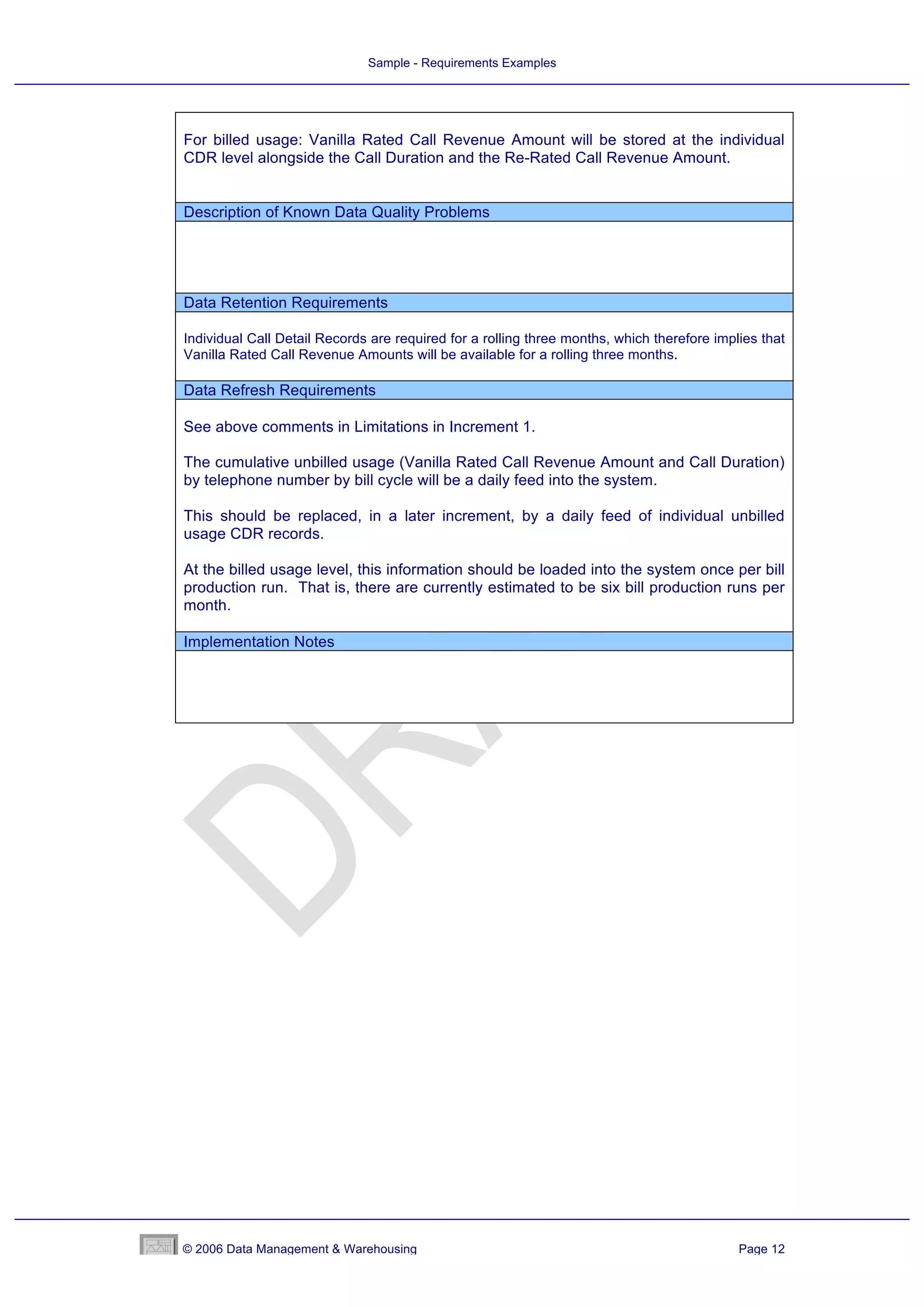 Sample - Requirements Examples




For billed usage: Vanilla Rated Call Revenue Amount will be stored at the individual
CDR level alongside the Call Duration and the Re-Rated Call Revenue Amount.


Description of Known Data Quality Problems




Data Retention Requirements

Individual Call Detail Records are required for a rolling three months, which therefore implies that
Vanilla Rated Call Revenue Amounts will be available for a rolling three months.

Data Refresh Requirements

See above comments in Limitations in Increment 1.

The cumulative unbilled usage (Vanilla Rated Call Revenue Amount and Call Duration)
by telephone number by bill cycle will be a daily feed into the system.

This should be replaced, in a later increment, by a daily feed of individual unbilled
usage CDR records.

At the billed usage level, this information should be loaded into the system once per bill
production run. That is, there are currently estimated to be six bill production runs per
month.

Implementation Notes




© 2006 Data Management & Warehousing                                                        Page 12
 