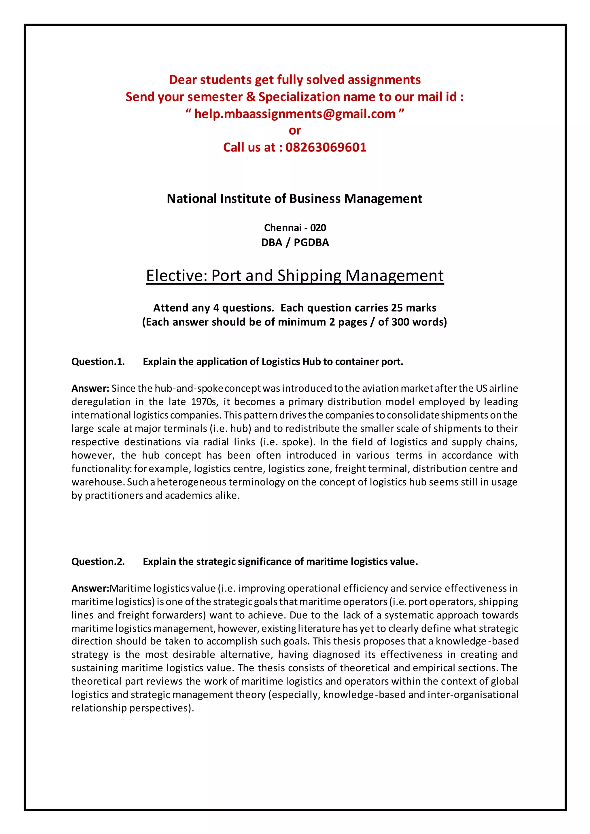 Sample elective port and shipping management PDF