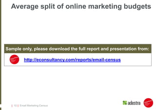 QuestionsMethodologyOnline survey in January and February 2011Fifth annual Email Marketing CensusOver 850 respondents, including539 company email marketers230 supplier respondents (ESPs/agencies)Majority of respondents UK-basedAcross a wide range of business sectors