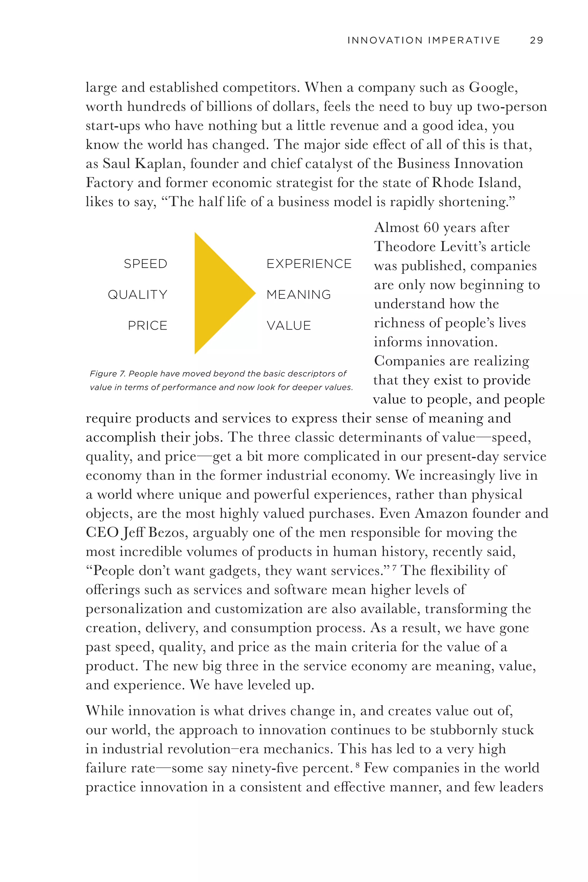 26 GETTING TO THANK YOU
jobs should be broadened to that of transportation, rather than as just
being in the business of trains, in order to compete against trucks and cars.
Christensen uses the example of a milkshake that some people bought
because of boredom rather than as a dessert or for some particular
nutritional value. In order to increase sales of milkshakes, an expert
in fast food might be tempted to increase revenue by making a thicker
or sweeter shake, but a better solution might simply be a marketing
campaign to emphasize the “on-the-go value,” adding a game to the
cup, or offering a cup size that was better suited for car cup holders.
Identifying the role the product plays takes a deeper understanding of
people’s behavior. You can see how easy it is to discover options when
you know what people are trying to accomplish. Simple insights bring
important ideas to life. They make our products and experiences that
much better.
The jobs a company’s products and services need to perform, and the
level of detail with which the company needs to do its job, are both
rapidly evolving. The Internet spreads the smallest of cultural trends
and influences around the globe in minutes rather than in years or even
seasons, morphing both meaning and value. This means that a new
product feature offered in Japan yesterday can create new expectations
in the U.S. today. It will change what people want because they will be
inspired by what is now possible. And what is possible changes rapidly
with advanced sensing technology such as accelerometers that tell
your iPhone which way is up and thinking devices such as tablets and
their microprocessor brains becoming cheaper and more ubiquitous.
All of that technological capability creates deeper, richer, and fresher
information, requiring new experiences to make sense of it. Technology
has been magical and revolutionary but we will continue to see that the
real magic will be the relationships we facilitate and the experiences that
we build with it through design rather than how fast the processor will
be and how many pixels the screen is.
 