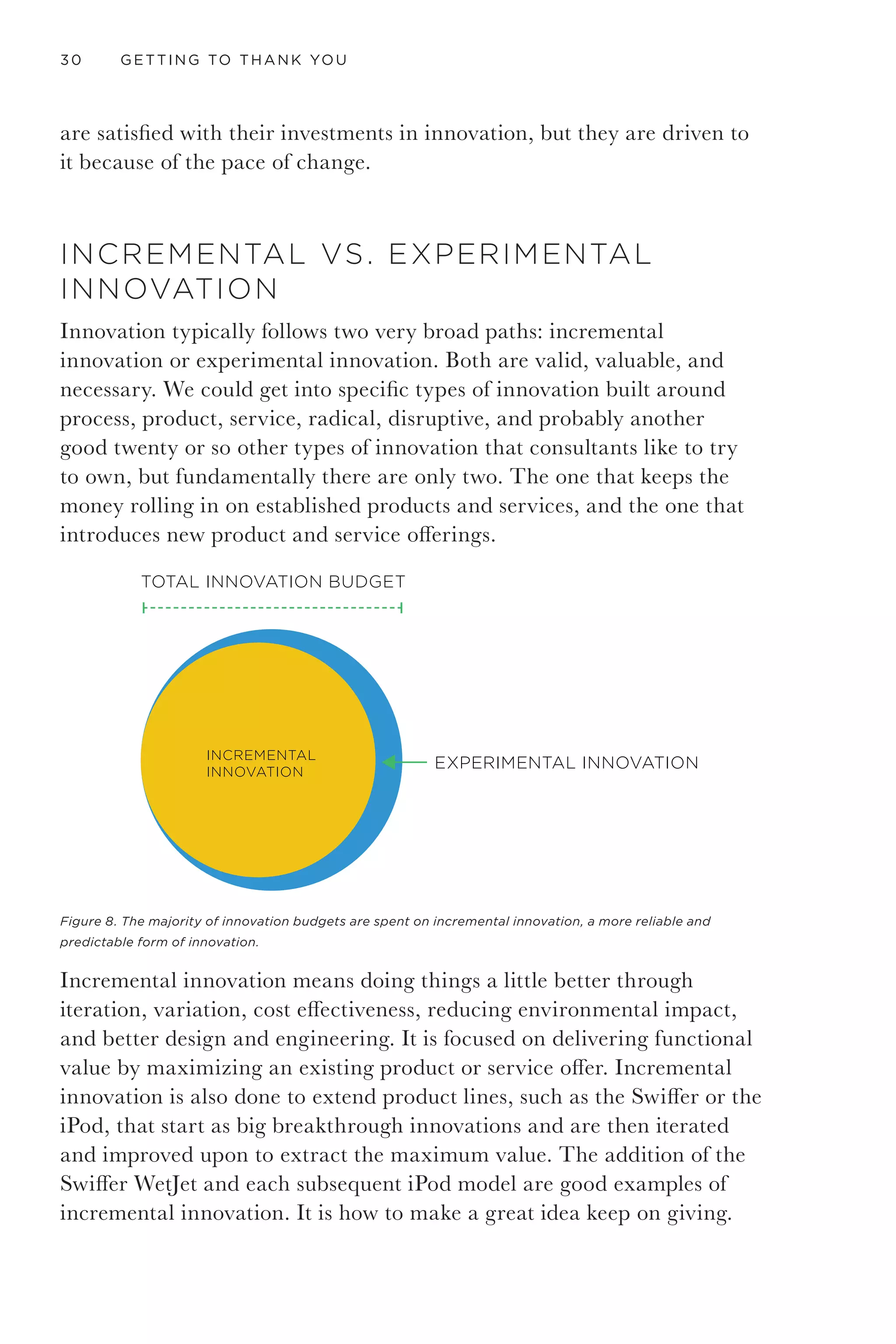 INNOVATION IMPERATIVE 27
BUSINESS MODEL HOW A COMPANY MAKES MONEY
HOW A COMPANY DELIVERS VALUE
WHY COMPANIES NEED TO CHANGE
PRODUCT AND SERVICE OFFERING
CULTURAL AND COMPETITIVE SHIFTS
Figure 5. Companies are continuously creating products and services in response to changes in culture and
market conditions.
KNOWING WHAT TO MAKE AND WHY
This increasing complexity leads us to the “innovation gap,” a concept
championed by innovation pioneer Patrick Whitney, the dean of the
Institute of Design at the Illinois Institute of Technology. Prior to the
1950s, most of humankind had limited options for products and services,
and all well-crafted products were precious. After the 1950s, there was
an explosion of high-quality, low-cost, mass-produced consumer goods.
Since then, our ability to make whatever we can dream up has rapidly
increased to a huge array of products—from super colliders to the
Snuggie. That wave of goods was a boon to our standard of living,
but the more stuff companies make, and in greater variety, the more
complex and nuanced people’s lives get, and the harder it is to know
what to make and why.
By being incredible manufacturers and consumers, we have complicated
the supply and demand relationship exponentially. This makes for
some pretty interesting challenges, and, as author John Naisbitt said in
Megatrends: Ten New Directions Transforming Our Lives, “The most exciting
breakthroughs of the 21st century will not occur because of technology
but because of an expanding concept of what it means to be human.” 5
Businesses must get smart about engaging their customers and creating
 