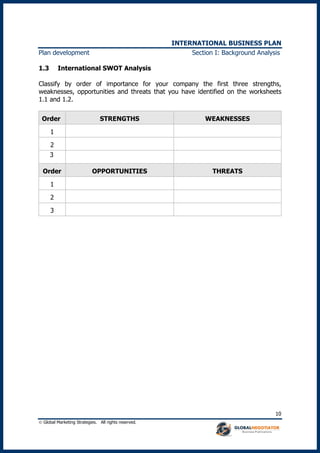 INTERNATIONAL BUSINESS PLAN
 Global Marketing Strategies. All rights reserved.
10
Plan development Section I: Background Analysis
1.3 International SWOT Analysis
Classify by order of importance for your company the first three strengths,
weaknesses, opportunities and threats that you have identified on the worksheets
1.1 and 1.2.
Order STRENGTHS WEAKNESSES
1
2
3
Order OPPORTUNITIES THREATS
1
2
3
 