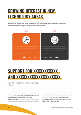 GROWING INTEREST IN NEW
TECHNOLOGY AREAS
Accelerated growth has been observed in two technology areas that offer promising
perspectives for the age of the hyperconnected world.
-------------------------------------
-------------------------------------
-------------------------------------
-------------------------------------
-----------------------.
-------------------------------------
-------------------------------------
-------------------------------------
-------------------------------------
-----------------.
xxxx xxxx
SUPPORT FOR XXXXXXXXXXX
AND XXXXXXXXXXXXXXXXXXXX
Most of the M&A participants are exploring the
route of ---------------------------------
-----------------------------------------
-----------------------------------------
-----------------------------------------
-----------------------------------------
--------- to cover the complete spectrum of
IoT services and solutions. They are
leveraging new ---------------------------
-----------------------------------------
-----------------------------------------
-----------------------------------------
-----------------------------------------
-----------------------------------------
-----------------------------------------
-----------------------------------------
-----------------------------------------
------------ prominent futureproofing
strategies that is taking prominence for IoT
networking infrastructure.
Edge Computing: M&A Trend Analysis43
 