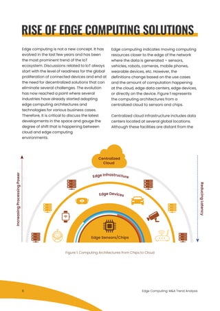 Figure 1: Computing Architectures from Chips to Cloud
RISE OF EDGE COMPUTING SOLUTIONS
Edge computing is not a new concept. It has
evolved in the last few years and has been
the most prominent trend of the IoT
ecosystem. Discussions related to IoT always
start with the level of readiness for the global
proliferation of connected devices and end at
the need for decentralized solutions that can
eliminate several challenges. The evolution
has now reached a point where several
industries have already started adopting
edge computing architectures and
technologies for various business cases.
Therefore, it is critical to discuss the latest
developments in the space and gauge the
degree of shift that is happening between
cloud and edge computing
environments.
Edge computing indicates moving computing
resources closer to the edge of the network
where the data is generated – sensors,
vehicles, robots, cameras, mobile phones,
wearable devices, etc. However, the
definitions change based on the use cases
and the amount of computation happening
at the cloud, edge data centers, edge devices,
or directly on the device. Figure 1 represents
the computing architectures from a
centralized cloud to sensors and chips.
Centralized cloud infrastructure includes data
centers located at several global locations.
Although these facilities are distant from the
IncreasingProcessingPower
Edge Sensors/Chips
ReducingLatency
Centralized
Cloud
Edge Computing: M&A Trend Analysis
Edge Infrastructure
Edge Devices
6
 