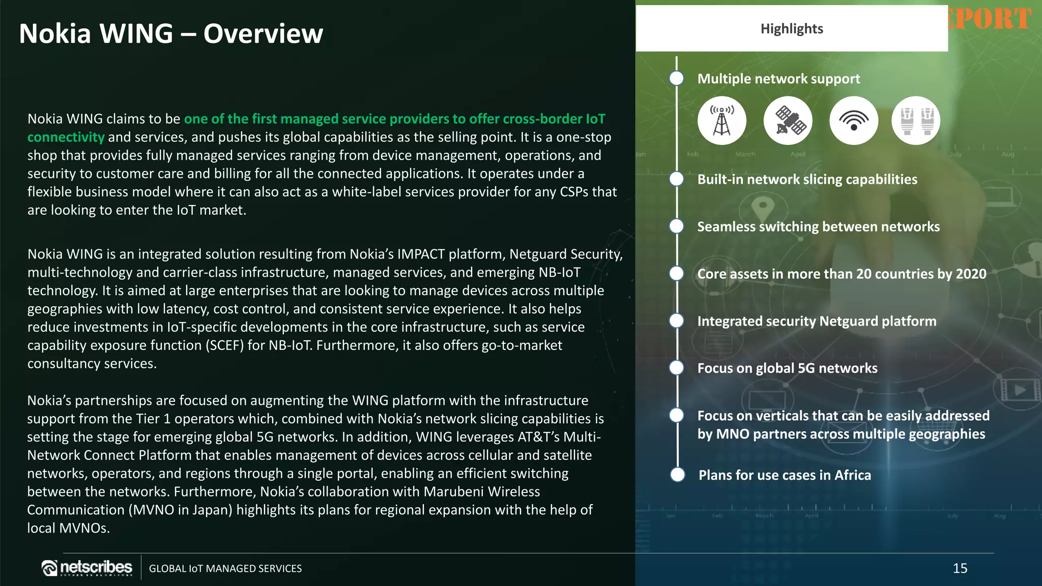 SAMPLE REPORT
GLOBAL IoT MANAGED SERVICES
SAMPLE REPORTNokia WING – Overview
Nokia WING claims to be one of the first managed service providers to offer cross-border IoT
connectivity and services, and pushes its global capabilities as the selling point. It is a one-stop
shop that provides fully managed services ranging from device management, operations, and
security to customer care and billing for all the connected applications. It operates under a
flexible business model where it can also act as a white-label services provider for any CSPs that
are looking to enter the IoT market.
Nokia WING is an integrated solution resulting from Nokia’s IMPACT platform, Netguard Security,
multi-technology and carrier-class infrastructure, managed services, and emerging NB-IoT
technology. It is aimed at large enterprises that are looking to manage devices across multiple
geographies with low latency, cost control, and consistent service experience. It also helps
reduce investments in IoT-specific developments in the core infrastructure, such as service
capability exposure function (SCEF) for NB-IoT. Furthermore, it also offers go-to-market
consultancy services.
Nokia’s partnerships are focused on augmenting the WING platform with the infrastructure
support from the Tier 1 operators which, combined with Nokia’s network slicing capabilities is
setting the stage for emerging global 5G networks. In addition, WING leverages AT&T’s Multi-
Network Connect Platform that enables management of devices across cellular and satellite
networks, operators, and regions through a single portal, enabling an efficient switching
between the networks. Furthermore, Nokia’s collaboration with Marubeni Wireless
Communication (MVNO in Japan) highlights its plans for regional expansion with the help of
local MVNOs.
Highlights
Built-in network slicing capabilities
Seamless switching between networks
Core assets in more than 20 countries by 2020
Integrated security Netguard platform
Focus on global 5G networks
Focus on verticals that can be easily addressed
by MNO partners across multiple geographies
Plans for use cases in Africa
Multiple network support
15
 