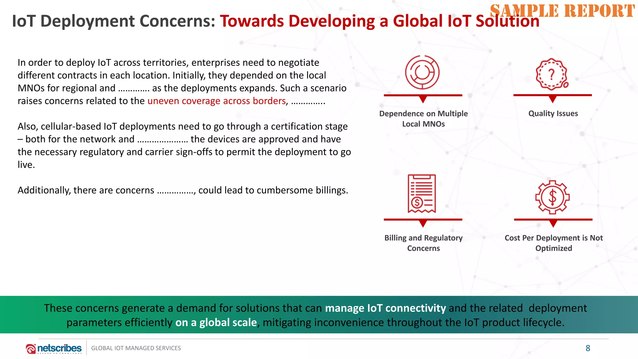 SAMPLE REPORT
GLOBAL IOT MANAGED SERVICES
SAMPLE REPORT
In order to deploy IoT across territories, enterprises need to negotiate
different contracts in each location. Initially, they depended on the local
MNOs for regional and …………. as the deployments expands. Such a scenario
raises concerns related to the uneven coverage across borders, …………..
Also, cellular-based IoT deployments need to go through a certification stage
– both for the network and ………………… the devices are approved and have
the necessary regulatory and carrier sign-offs to permit the deployment to go
live.
Additionally, there are concerns ……………, could lead to cumbersome billings.
Dependence on Multiple
Local MNOs
Cost Per Deployment is Not
Optimized
Billing and Regulatory
Concerns
IoT Deployment Concerns: Towards Developing a Global IoT Solution
Quality Issues
These concerns generate a demand for solutions that can manage IoT connectivity and the related deployment
parameters efficiently on a global scale, mitigating inconvenience throughout the IoT product lifecycle.
8
 