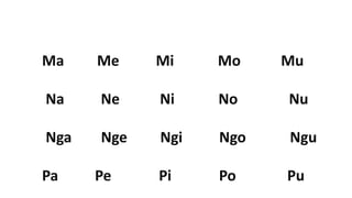 Ma Me Mi Mo Mu
Na Ne Ni No Nu
Nga Nge Ngi Ngo Ngu
Pa Pe Pi Po Pu
 