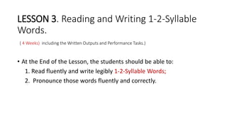 LESSON 3. Reading and Writing 1-2-Syllable
Words.
( 4 Weeks) including the Written Outputs and Performance Tasks.)
• At the End of the Lesson, the students should be able to:
1. Read fluently and write legibly 1-2-Syllable Words;
2. Pronounce those words fluently and correctly.
 