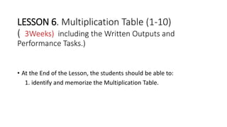 LESSON 6. Multiplication Table (1-10)
( 3Weeks) including the Written Outputs and
Performance Tasks.)
• At the End of the Lesson, the students should be able to:
1. identify and memorize the Multiplication Table.
 