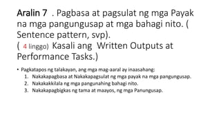 Aralin 7 . Pagbasa at pagsulat ng mga Payak
na mga pangungusap at mga bahagi nito. (
Sentence pattern, svp).
( 4 linggo) Kasali ang Written Outputs at
Performance Tasks.)
• Pagkatapos ng talakayan, ang mga mag-aaral ay inaasahang:
1. Nakakapagbasa at Nakakapagsulat ng mga payak na mga pangungusap.
2. Nakakakkilala ng mga pangunahing bahagi nito.
3. Nakakapagbigkas ng tama at maayos, ng mga Panungusap.
 