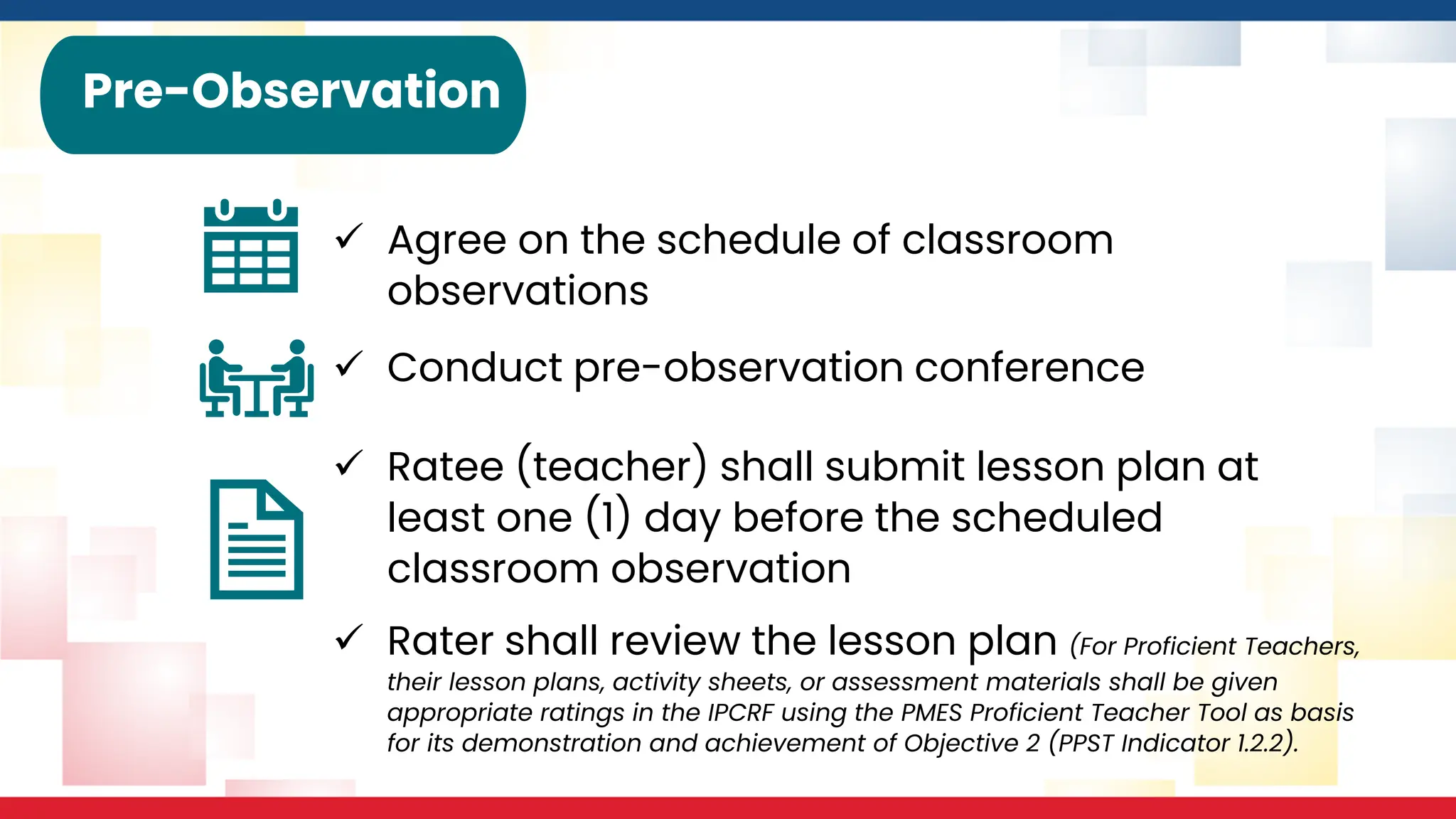 ✓ Agree on the schedule of classroom
observations
Pre-Observation
✓ Conduct pre-observation conference
✓ Ratee (teacher) shall submit lesson plan at
least one (1) day before the scheduled
classroom observation
✓ Rater shall review the lesson plan (For Proficient Teachers,
their lesson plans, activity sheets, or assessment materials shall be given
appropriate ratings in the IPCRF using the PMES Proficient Teacher Tool as basis
for its demonstration and achievement of Objective 2 (PPST Indicator 1.2.2).
 