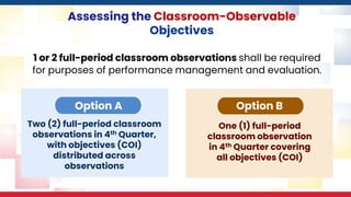 Assessing the Classroom-Observable
Objectives
1 or 2 full-period classroom observations shall be required
for purposes of performance management and evaluation.
Option B
Option A
Two (2) full-period classroom
observations in 4th Quarter,
with objectives (COI)
distributed across
observations
One (1) full-period
classroom observation
in 4th Quarter covering
all objectives (COI)
 