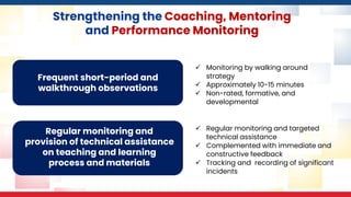 Strengthening the Coaching, Mentoring
and Performance Monitoring
Frequent short-period and
walkthrough observations
Regular monitoring and
provision of technical assistance
on teaching and learning
process and materials
✓ Monitoring by walking around
strategy
✓ Approximately 10-15 minutes
✓ Non-rated, formative, and
developmental
✓ Regular monitoring and targeted
technical assistance
✓ Complemented with immediate and
constructive feedback
✓ Tracking and recording of significant
incidents
 