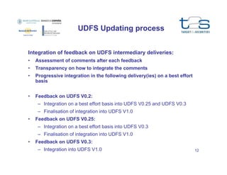 UDFS Updating process
Integration of feedback on UDFS intermediary deliveries:
•

Assessment of comments after each feedback

•

Transparency on how to integrate the comments

•

Progressive integration in the following delivery(ies) on a best effort
basis

•

Feedback on UDFS V0.2:
– Integration on a best effort basis into UDFS V0.25 and UDFS V0.3
– Finalisation of integration into UDFS V1.0

•

Feedback on UDFS V0.25:
– Integration on a best effort basis into UDFS V0.3
– Finalisation of integration into UDFS V1.0

•

Feedback on UDFS V0.3:
– Integration into UDFS V1.0

12

 