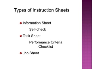 Types of Instruction Sheets
Information Sheet
Self-check
Task Sheet
Performance Criteria
Checklist
Job Sheet
 