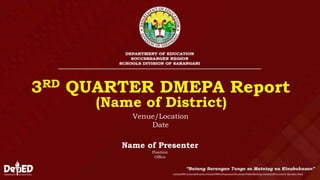 3RD QUARTER DMEPA Report
InitialsOfFunctionalDivision/InitialsOfWhoPrepared/ShortenedTitleOfActivity/InitialsOfDocument-Number/Date
(Name of District)
Name of Presenter
Position
Office
Venue/Location
Date
 