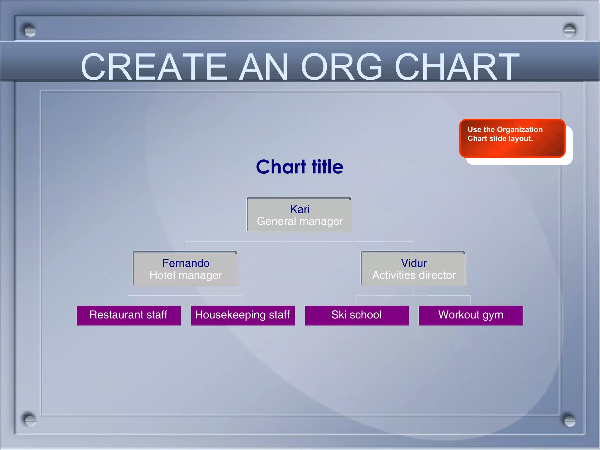 CREATE AN ORG CHART Use the Organization Chart slide layout. 