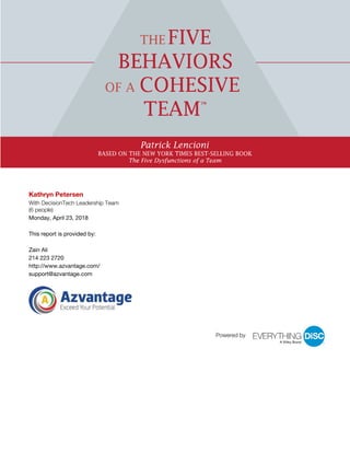 Kathryn Petersen
With DecisionTech Leadership Team
(6 people)
Monday, April 23, 2018
This report is provided by:
Zain Ali
214 223 2720
http://www.azvantage.com/
support@azvantage.com
Powered by
 