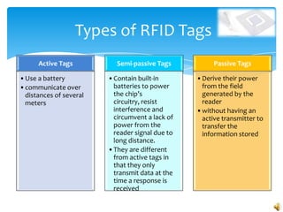 Types of RFID Tags
      Active Tags         Semi-passive Tags          Passive Tags

•Use a battery          •Contain built-in       •Derive their power
•communicate over        batteries to power      from the field
 distances of several    the chip’s              generated by the
 meters                  circuitry, resist       reader
                         interference and       •without having an
                         circumvent a lack of    active transmitter to
                         power from the          transfer the
                         reader signal due to    information stored
                         long distance.
                        •They are different
                         from active tags in
                         that they only
                         transmit data at the
                         time a response is
                         received
 